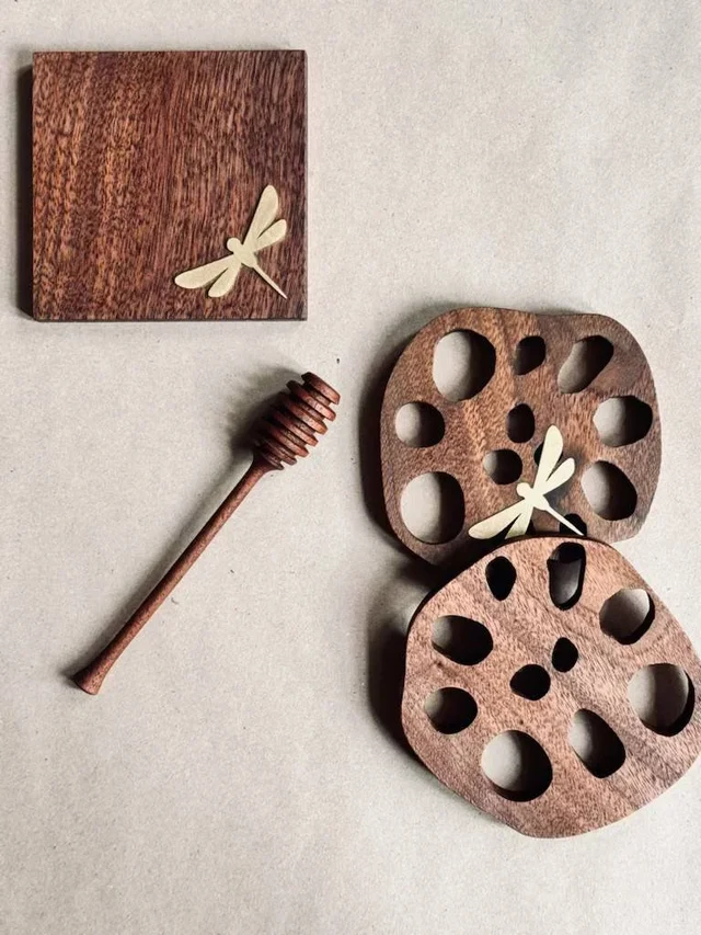 Coasters & honey dipper — Walnut