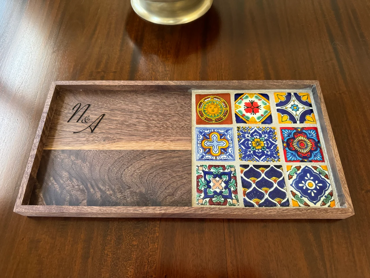 Tiled serving tray — Walnut | Tiles in grout